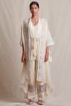 Buy_Sue Mue_Off White Handloom Cotton V Neck Jacket Kurta Pant Set _at_Aza_Fashions