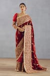 Buy_Torani_Red Silk Velvet And Butterfly Net Embroidery Sindoori Amruta Saree  _at_Aza_Fashions