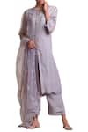 Buy_Sue Mue_Grey Handloom Cotton Mandarin Collar Kurta Palazzo Set _Online_at_Aza_Fashions