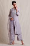 Buy_Sue Mue_Grey Handloom Cotton Mandarin Collar Kurta Palazzo Set _at_Aza_Fashions