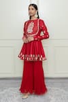Sheetal Batra_Red Georgette, Organza, Chanderi Round Peplum Kurta Set _Online_at_Aza_Fashions