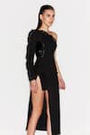 Buy_Sameer Madan_Black Jersey Bodycon One Shoulder Ruffle Dress_at_Aza_Fashions