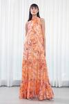 Buy_Mandira Wirk Resort_Orange Georgette, Lurex Halter Neck Multi Color Tiered Willow Print Dress _Online_at_Aza_Fashions