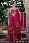 Kritika Dawar_Magenta Silk, Chanderi Beads Scoop Neck Floral Print Kurta Gharara Set _Online_at_Aza_Fashions