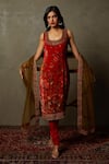 Buy_RI.Ritu Kumar_Red Churidar Satin Lycra, Dupatta Chinon, Embroidered Set _at_Aza_Fashions