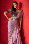 Shop_Miku Kumar_Purple Georgette Hand Embroidered Pre-draped Ruffle Saree With Blouse  _at_Aza_Fashions