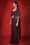 Buy_Miku Kumar_Wine Satin Organza Embroidered Cut Dana And Pre-draped Saree Set  _Online_at_Aza_Fashions