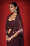 Shop_Miku Kumar_Wine Satin Organza Embroidered Cut Dana And Pre-draped Saree Set  _at_Aza_Fashions