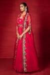 Shop_Miku Kumar_Red Georgette Embroidered Thread Cape Open Saree Gown Set  _at_Aza_Fashions