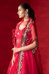 Miku Kumar_Red Georgette Embroidered Thread Cape Open Saree Gown Set  _Online_at_Aza_Fashions