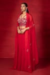 Miku Kumar_Red Georgette Embroidered Thread Cape Open Draped Skirt Set  _Online_at_Aza_Fashions