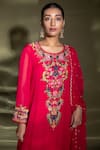 Miku Kumar_Fuchsia Satin Organza Embroidered Thread Round Neck Kurta Palazzo Set  _Online_at_Aza_Fashions