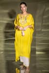 Shop_Miku Kumar_Yellow Satin Organza Embroidered Thread V Neck Yoke Kaftan And Palazzo Set _at_Aza_Fashions