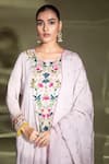 Shop_Miku Kumar_Purple Satin Organza Embroidered Thread Floral Kurta Palazzo Set  _at_Aza_Fashions