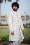 Shop_Hilo Design_White Raw Silk Embroidered Zardozi Irenic Zari Sherwani Set _at_Aza_Fashions