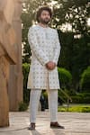 Hilo Design_White Raw Silk Embroidered Zardozi Irenic Zari Sherwani Set _Online_at_Aza_Fashions