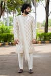 Shop_Hilo Design_White Dupion Silk Embroidered Zardozi Lysian Zari Sherwani Set _at_Aza_Fashions