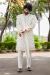 Hilo Design_White Dupion Silk Embroidered Zardozi Lysian Zari Sherwani Set _Online_at_Aza_Fashions