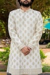 Buy_Hilo Design_White Dupion Silk Embroidered Zardozi Lysian Zari Sherwani Set _Online_at_Aza_Fashions