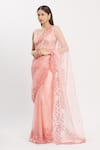 Neha Khullar_Peach Silk V Neck Organza Saree With Blouse  _Online_at_Aza_Fashions