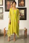 Buy_Surbhi Gupta_Green Georgette V Neck Embroidered Tie-up Kaftan  _at_Aza_Fashions