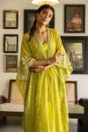 Surbhi Gupta_Green Georgette V Neck Embroidered Tie-up Kaftan  _at_Aza_Fashions