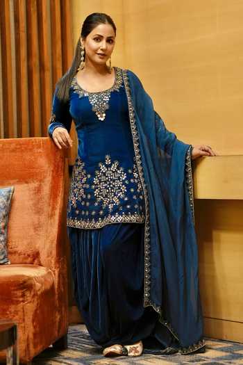Buy_Reeti Arneja_Blue Velvet Cut Work, Beads, Mirrors Boho Embroidered Kurta Patiala Salwar Set _at_Aza_Fashions