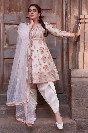 Buy_Gopi Vaid_Cream , Silk, Satin, Net Printed Short Anarkali Dhoti Pant Set _at_Aza_Fashions