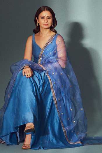Buy_Priyal Prakash_Blue Chanderi, Cotton, Organza Embroidery, Zari, Anarkali Set With Dupatta _at_Aza_Fashions