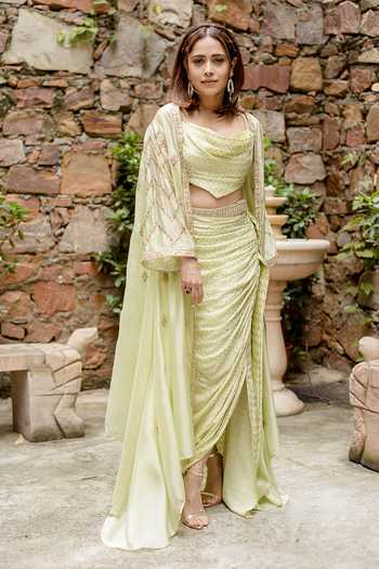 Buy_Punit Balana_Green Satin, Silk Embroidery, Zari Cowl Neck Cape And Draped Skirt Set _at_Aza_Fashions