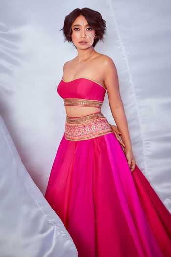 Buy_Tarun Tahiliani_Pink Bustier Velvet, Lehenga Shot Chiffon Sweetheart Neck Cape And Draped Set_at_Aza_Fashions