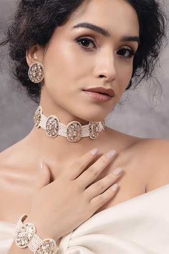 Buy_Joules By Radhika_Gold Plated Pearls, Diamonds Polki Embellished Multi Strand Necklace Set _at_Aza_Fashions
