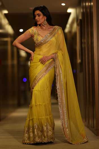 Buy_Gopi Vaid_Yellow Chiffon, Tussar Sequins, Gota Patti, Kanika Border Saree With Blouse _at_Aza_Fashions