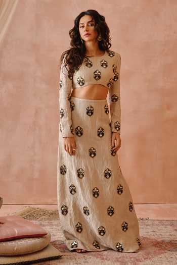 Buy_Payal Singhal_Beige Crepe Mirrors, Zari Round Neck Embroidered Choli And Skirt Set _at_Aza_Fashions