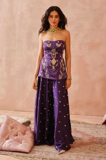 Buy_Payal Singhal_Purple Satin, Silk, Lurex, Georgette Vintage Embroidered Kurta Sharara Set _at_Aza_Fashions