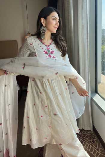 Buy_Leela By A_Off White Organza, Chanderi Beads, Embroidery Lotus Patchwork Anarkali Set _at_Aza_Fashions