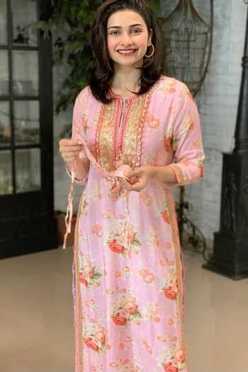 Buy_Gopi Vaid_Pink Cotton, Silk Tassels, Sequins Round Neck Flower Bagh Print Tunic _at_Aza_Fashions