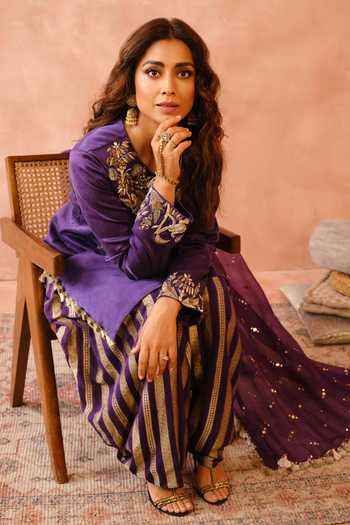Buy_Payal Singhal_Purple Satin, Georgette, Organza Fringe, Embroidery, Kurta Woven Salwar Set _at_Aza_Fashions
