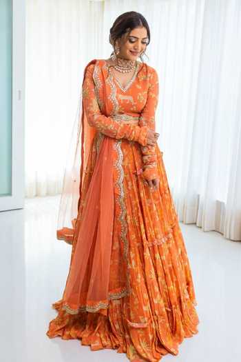 Buy_Paulmi And Harsh_Orange Georgette And Net Cutdana, Sequins, Dabka Work & Moti, Jungle Lehenga Set _at_Aza_Fashions