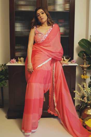 Buy_Isha Gupta Tayal_Coral Organza, Georgette, Satin Sequins, Color Block Saree With Blouse _at_Aza_Fashions