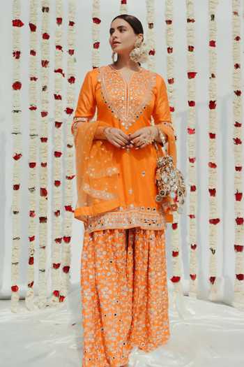 Buy_Gopi Vaid_Orange Tussar, Net Embroidery, Mirrors Round Neck Embellished Kurta Sharara Set _at_Aza_Fashions