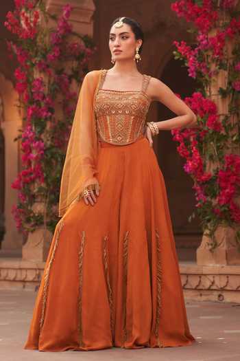 Buy_Reeti Arneja_Orange Net, Georgette Sequins, Beads, Embroidery Floral Corset Sharara Set _at_Aza_Fashions
