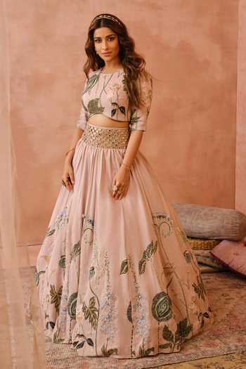 Buy_Payal Singhal_Peach Crepe, Muslin Cut Work, Beads, Gota Patti, Niloufar Print Lehenga Set _at_Aza_Fashions