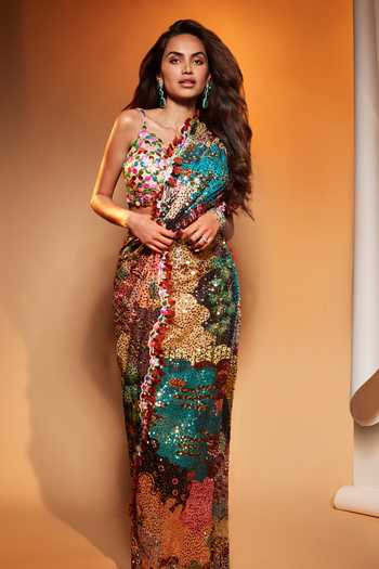Buy_Aisha Rao_Multicolor Georgette Trencadis And Pre-draped Saree With Blouse_at_Aza_Fashions