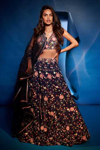 Buy_Aariyana Couture_Blue Silk, Net Embroidery Plunge Neck Floral Pop-up Bridal Lehenga Set_at_Aza_Fashions