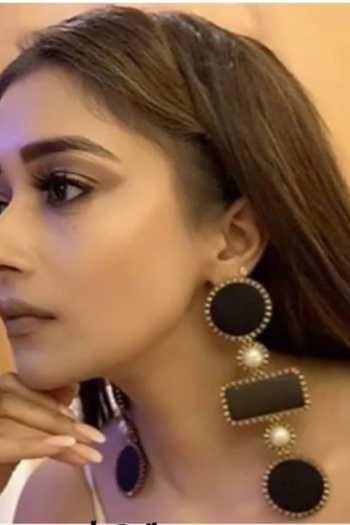 Buy_Rejuvenate Jewels_Black Geometric Wooden Pearl Statement Earrings _at_Aza_Fashions