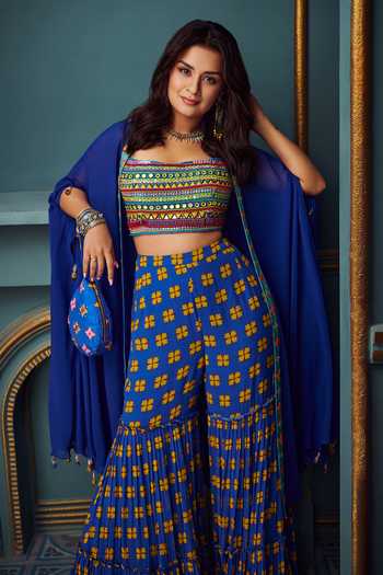 Buy_Diyarajvvir_Blue Georgette, Cotton Silk Floral Square Neck Cape And Printed Gharara Set_at_Aza_Fashions