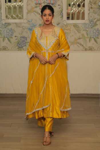 Buy_Vinita Bhansali_Yellow , Organza Embroidery V-neck Noorani Anarkali Set _at_Aza_Fashions