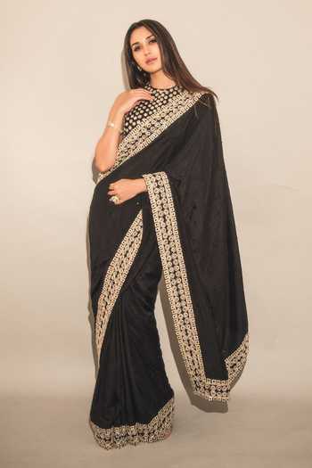 Buy_Ashutosh Joshi_Black Silk, Net, Crepe Sequins, Piping, Embroidery, Amrutha Hand Saree Set _at_Aza_Fashions