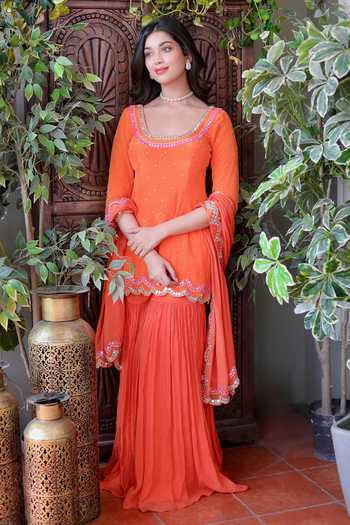 Buy_Harshita Singhvi_Orange Crepe, Chiffon Cut Work, Mirrors Round Hand Embroidered Kurta Sharara Set _at_Aza_Fashions